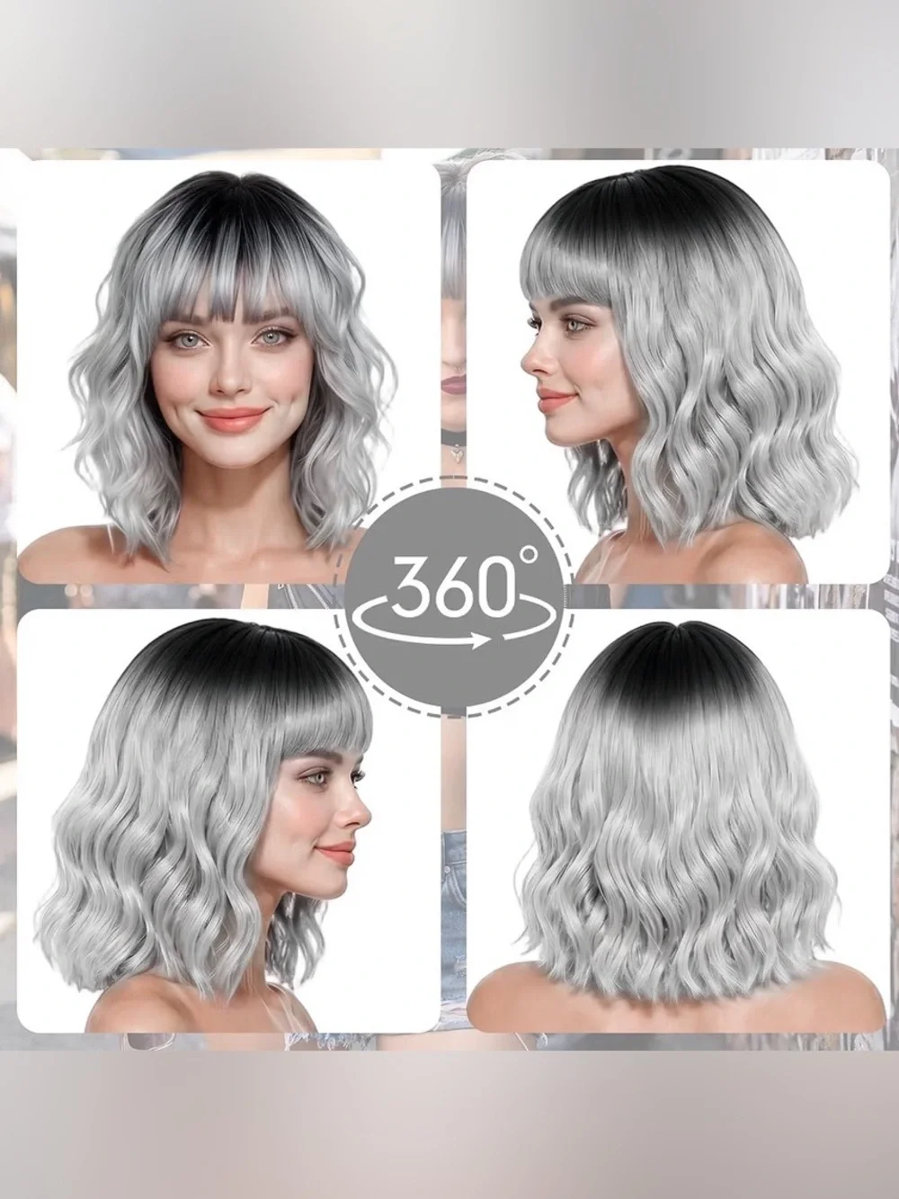 New Silver Grey Ombre Wavy Bob Wig with Bangs & Heart Sunglasses Party Festival